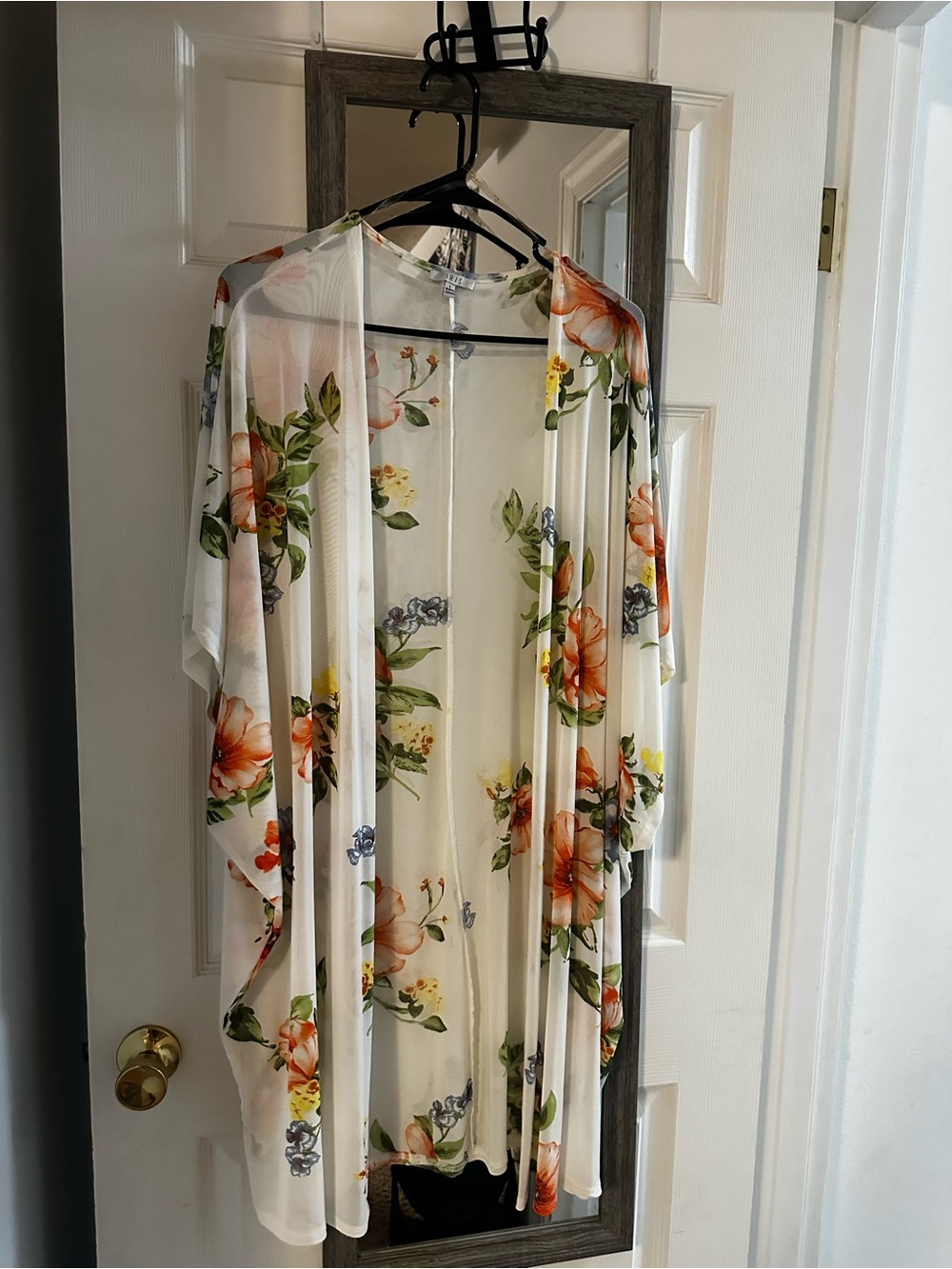 iris Sheer Floral Kimono in White with Orange and Green Accents